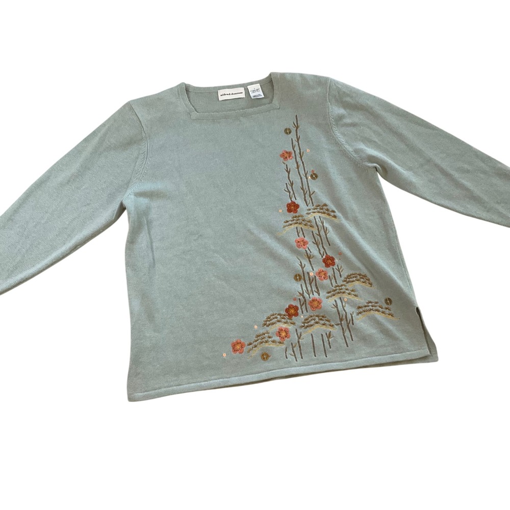 Alfred Dunner Women's L‎ Light Blue Ramie Cotton Embroidered Long Sleeve Sweater